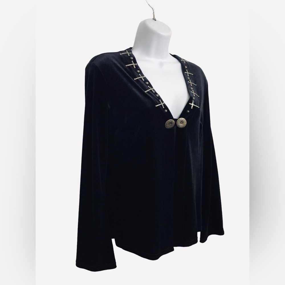 YOAKUM Double D Ranch Black Velvet Cardigan Cross Details XS